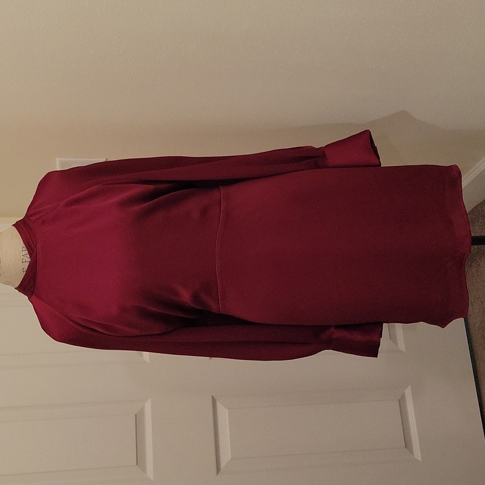 Red Satin Mock Neck Balloon Sleeve Dress